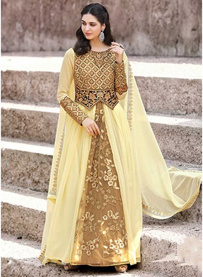 Yellow Brown Embroidery Work Faux Georgette Wedding Wear Analkali Suit